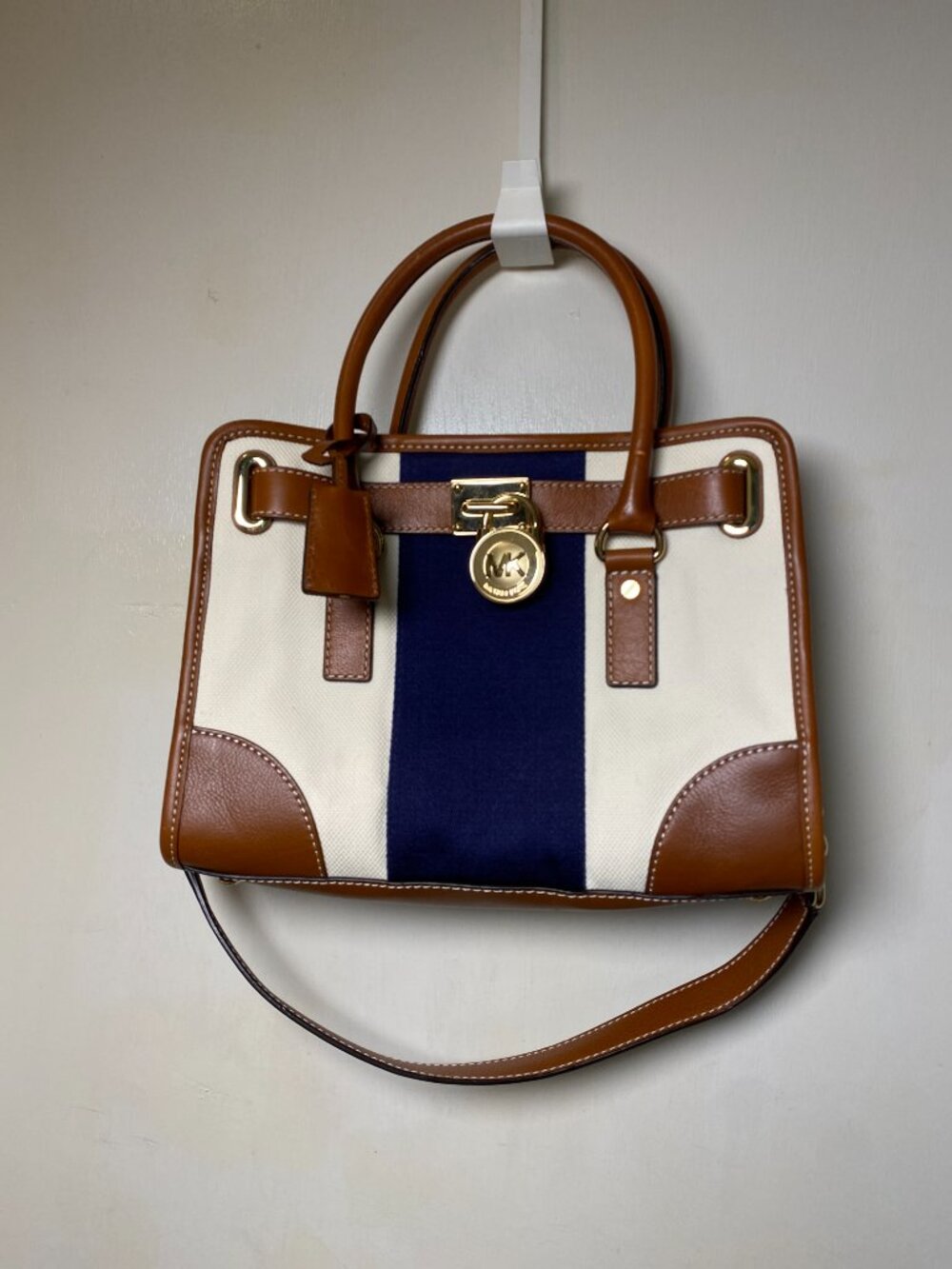 Michael Kors Canvas Leather Satchel Navy Stripe Crossbody Bag Like New